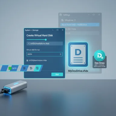 Windows-like UI for creating a virtual hard disk (VHDX) with a Dev Drive badge.
