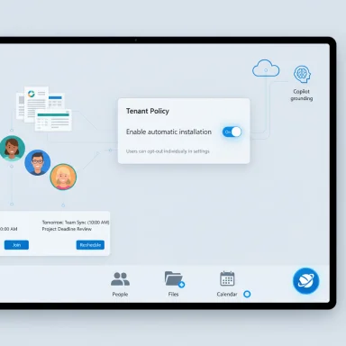 UI on a screen showing a Tenant Policy card with an automatic installation toggle and user avatars.