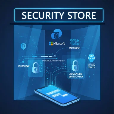 Neon-lit security store display featuring Microsoft Defender, Purview, and Advanced eDiscovery.
