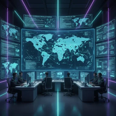 Futuristic command center with a giant holographic world map and analysts at consoles.