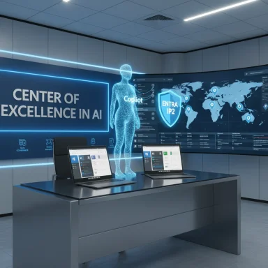 Futuristic AI center of excellence featuring a holographic figure and a world map display.