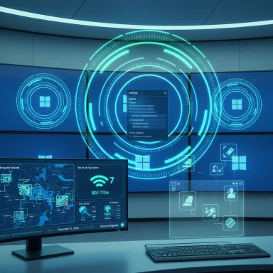Futuristic control room with glowing holographic circular interfaces and multiple screens.