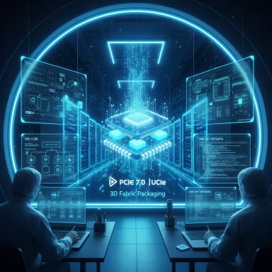 Futuristic lab where two engineers monitor holographic blue data screens around a central 3D chip.