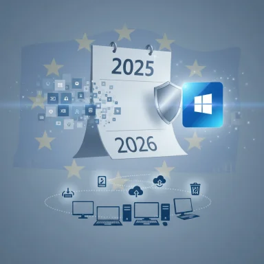 A 2025–2026 calendar with a Windows shield, EU stars, and cloud-connected devices. A 2025–2026 calendar with a Windows shield, EU stars, and cloud-connected devices.