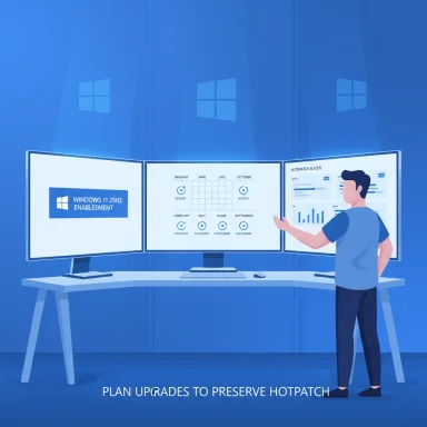 A person stands before a triple-monitor workstation, planning Windows 11 25H2 enablement.