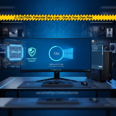 A high-tech PC setup in a lab with caution tape, showing 73% Windows setup and an “UNSUPPORTED CONFIGURATION” banner.