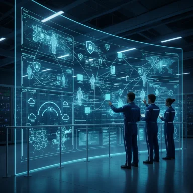 Three scientists monitor a curved holographic data wall in a futuristic control room. Three scientists monitor a curved holographic data wall in a futuristic control room.