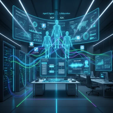 Futuristic command center with holographic avatars and glowing data dashboards.