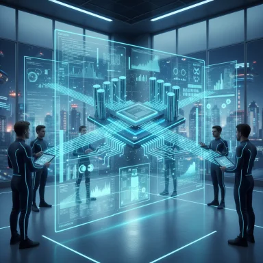 Six scientists in a sci-fi lab surround a glowing holographic interface centered on a microchip.