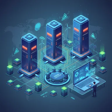A futuristic edge computing data center with glowing blue servers and an analyst at a laptop. A futuristic edge computing data center with glowing blue servers and an analyst at a laptop.