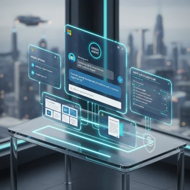 Futuristic holographic UI panels hover above a glass desk in a city office.