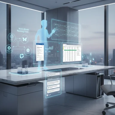 Futuristic office with holographic data screens and a translucent human hologram.