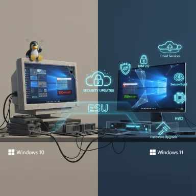 Split-screen: Windows 10 (left, retro PC) vs Windows 11 (right, modern setup with cloud icons).