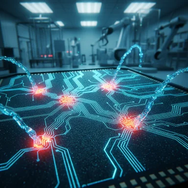 A blue-lit circuit-board surface with glowing red hotspots in a high-tech lab.