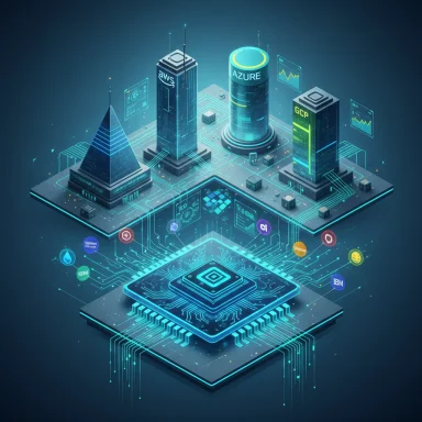 A futuristic data center with cloud platforms (AWS, Azure, GCP) around a glowing central processor.