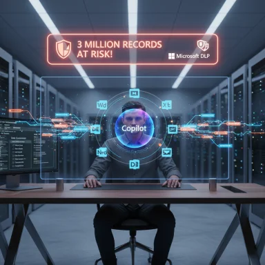 A data-center operator views a holographic Copilot UI warning: 3 million records at risk.