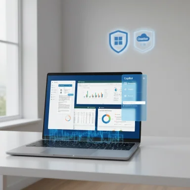 Laptop on a white desk displays Copilot dashboards with holographic data visuals.