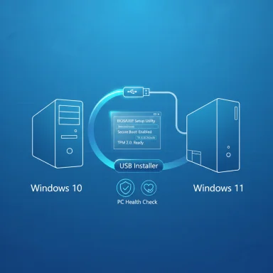 USB installer connects Windows 10 and Windows 11, with BIOS/UEFI setup and PC health check.