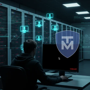 A cybersecurity analyst works in a data center, monitoring servers with user-network icons and a shield.