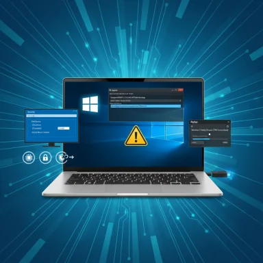 Cybersecurity warning on a laptop with floating security dialogs against a blue circuit background.