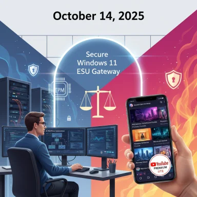 October 14, 2025: IT security scene featuring Windows 11 ESU Gateway, servers, scales, and a multi-monitor desk.