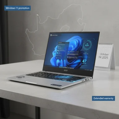 An Acer laptop on a desk displays Windows 11 promo with an extended warranty tag.