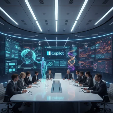 Futuristic boardroom with a holographic assistant and Copilot interface around a long conference table.