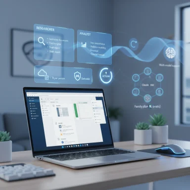 Futuristic holographic dashboards float above a laptop in a modern office.