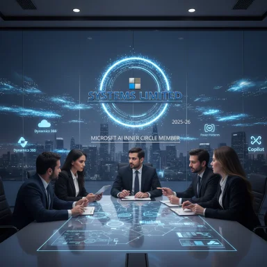 A futuristic boardroom with five professionals around a glowing holographic table against a digital city backdrop.