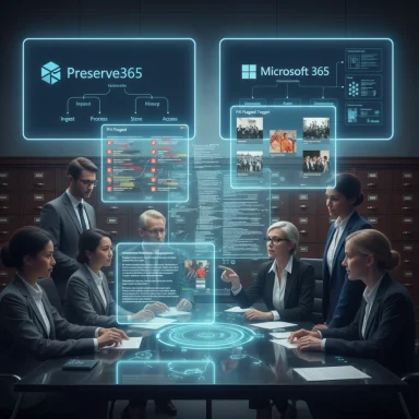 A team in a high-tech briefing reviews Preserve365 and Microsoft 365 on holographic dashboards.