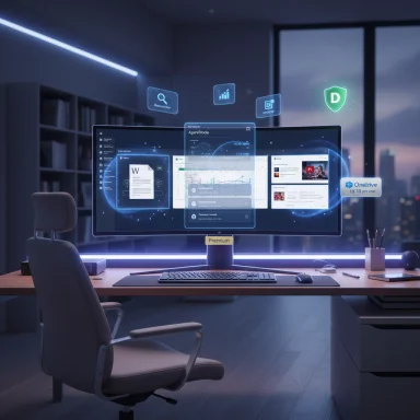 Futuristic office with a curved ultrawide monitor and hovering holographic UI.