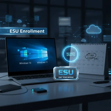 Futuristic workstation with a Windows laptop, ESU Enrollment badge, calendar, and security updates visuals.