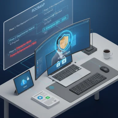Futuristic security desk with multiple screens and a holographic admin token over a road-map display.