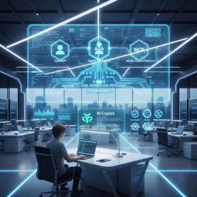 A person works at a desk in a futuristic control room with holographic AI workflow pipelines.