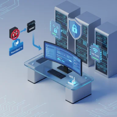 A futuristic data center with server racks, a glass desk workstation, and security/wifi icons.