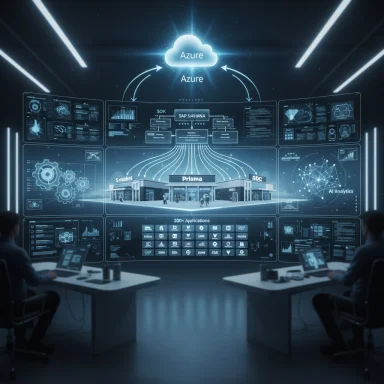 Futuristic control room with a holographic Azure cloud data hub and interconnected analytics panels.
