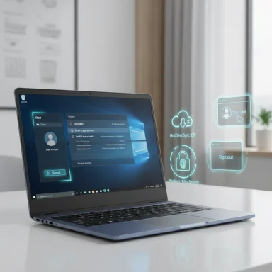 A laptop on a desk displaying holographic security and sign-out options.