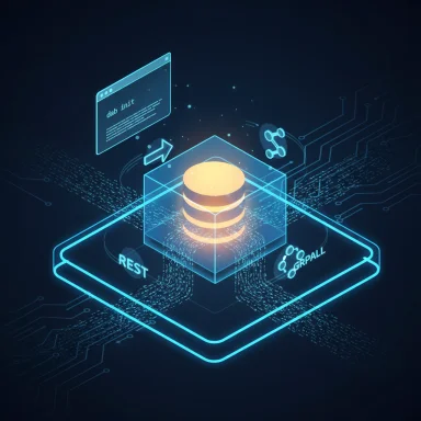 A glowing holographic data cube hovers above a neon platform labeled REST and GraphQL.