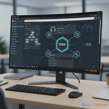 A desktop monitor on a desk displays a futuristic CXA diagram within a Talkdesk analytics UI.