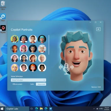 Desktop shows Copilot Portraits UI with avatar grid and a 3D smiling character.