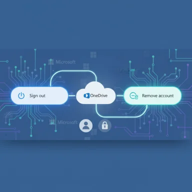 A futuristic UI panel with Sign out, OneDrive, and Remove account options.