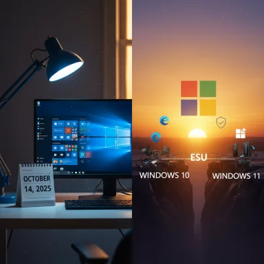 Split image: left Windows PC desk setup; right sunrise scene with Windows icons and ESU.