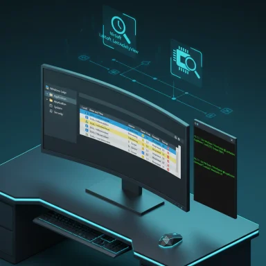 Futuristic workstation with a curved monitor, holographic icons, and neon-blue cybersecurity UI.