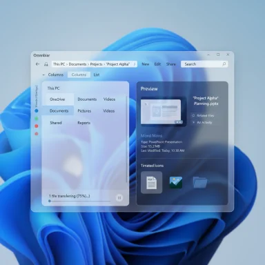 A translucent Windows-style file explorer with a preview pane over a blue abstract wallpaper.