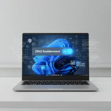 Laptop screen shows a blue, holographic UI with 25H2 Enablement turned ON.