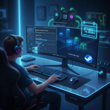 A gamer in a neon-blue setup works at a curved monitor with a calendar hologram overlay.