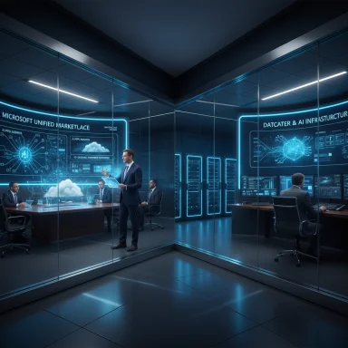 Futuristic control room with glass walls, blue holographic displays, and suited professionals.