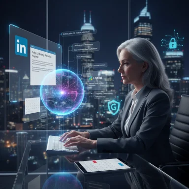 A corporate professional works at a glass desk with holographic dashboards and a glowing globe.