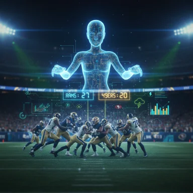 A blue holographic figure hovers over a Rams–49ers football game with digital stats.