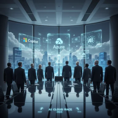 Executives in a futuristic boardroom view holographic Azure AI cloud interfaces. Executives in a futuristic boardroom view holographic Azure AI cloud interfaces.